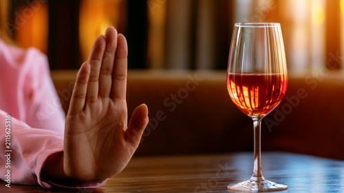 Person Refusing Drink in Modern Wellness Setting with Glass and Scenic Background