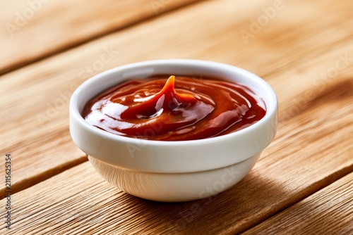 Freshly Prepared Tomato Sauce in a White Bowl on a Wooden Surface