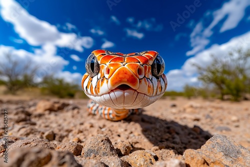 A close up of a snake on the ground with a blue sky in the background