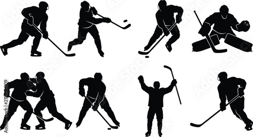 Collection of black silhouette ice hockey players in dynamic action poses for sports designs