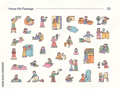 Cute home life character set featuring daily routines, healthy habits, housework, self care, reading, cleaning and home activities in outline vector style.