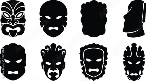 Collection of black silhouette tribal masks featuring tiki, african, and ceremonial ethnic designs for cultural themes