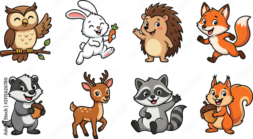 Fototapeta premium Cute cartoon vector set of forest animals including owl, rabbit, fox, and squirrel for kids design.