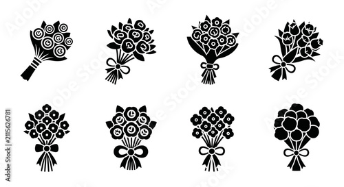 Set of four stylized black flower bouquets with ribbons, isolated on white background, vector illustration