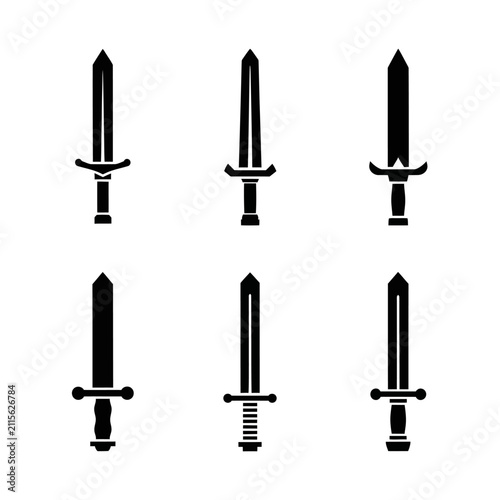 Set of four stylized black sword icons on a white background, representing different historical weapon designs.