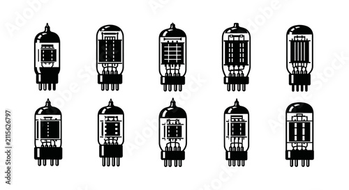 Set of four vintage vacuum tube icons, isolated on white background.