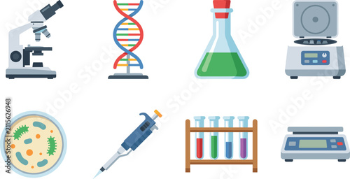 Flat vector illustration set of science laboratory equipment featuring microscope DNA flask and centrifuge