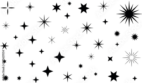 Set of black star shapes and sparkling twinkle icons isolated on a white background for whimsical graphic design projects.