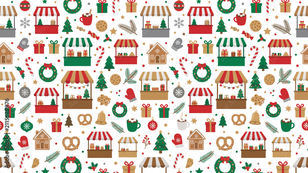 Naklejka premium Festive Christmas Market Pattern Featuring Stalls Trees and Gifts.