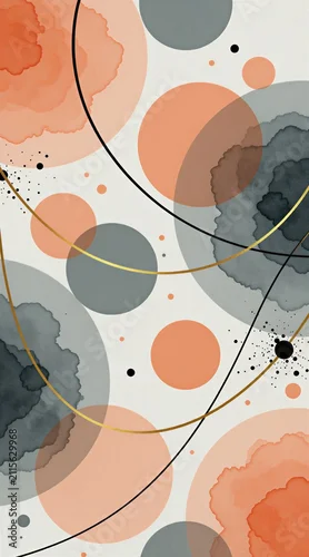 Panel kuchenny z motywem Abstract watercolor circles and lines in peach, grey, and gold. This modern art graphic offers a fluid, artistic backdrop for creative design projects.