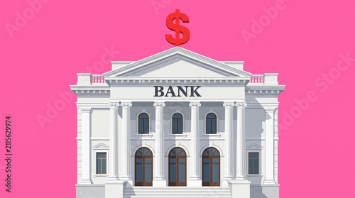 a classical white bank building with columns and a red dollar symbol on the roof, set against a solid pink background, representing banking, finance, and wealth concepts.