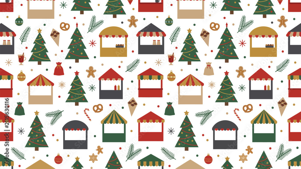 Fototapeta premium Festive Christmas Village Pattern with Houses and Trees for Holiday Design.