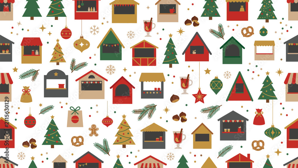 Naklejka premium Seasonal Christmas Village Pattern with Houses and Trees.
