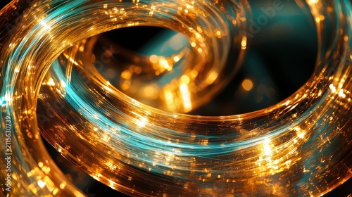 Macro fiber paths curved composition shows organic flowing light through materials creating depth with brilliant golden cores against dark background