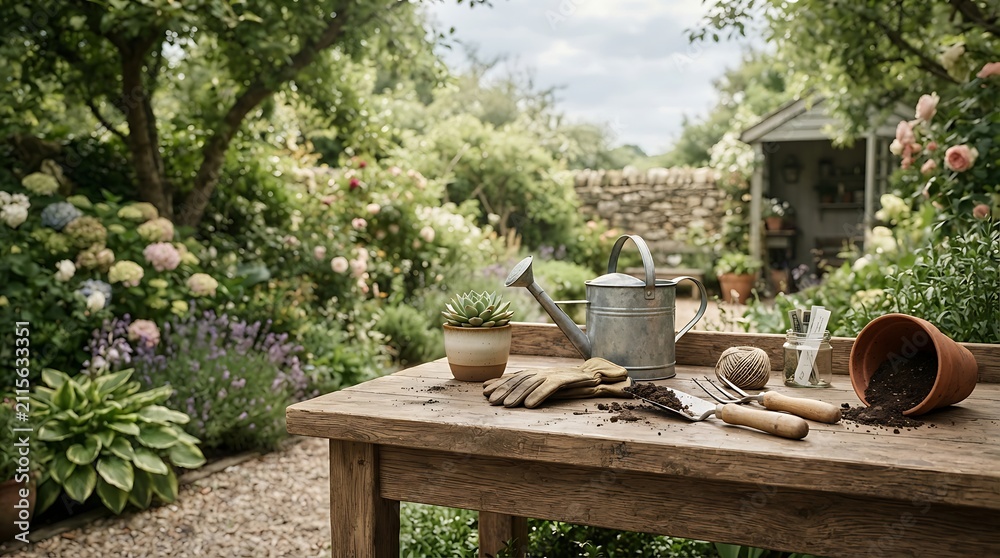 Fototapeta premium A wooden potting bench with a metal watering can, gardening gloves, and a trowel in a lush garden with hydrangea flowers and a shed in the background