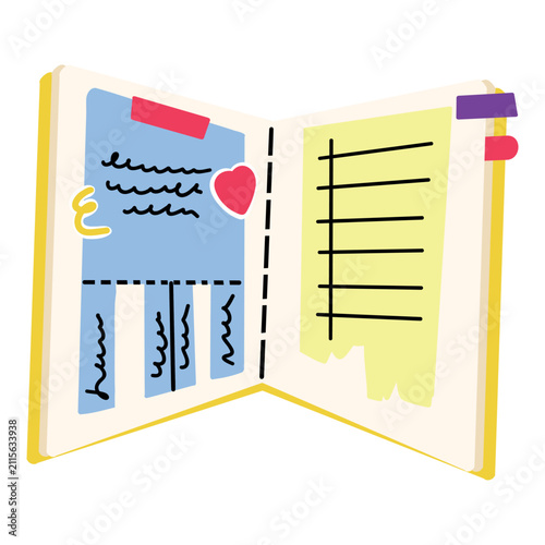 Hand-drawn open notebook with notes, sticky tape, heart sticker, and checklist isolated on white