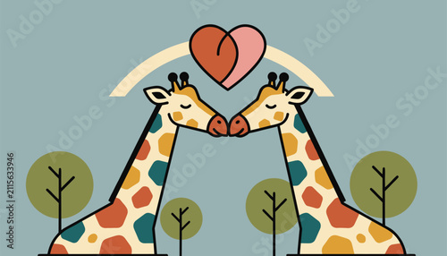 Two cute cartoon giraffes in love forming a heart shape with their heads against a soft blue background with green trees.