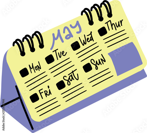Hand-drawn desk flip calendar with weekly planner and days of week isolated on white