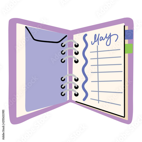 Open purple ring binder planner notebook with pocket envelope and May schedule