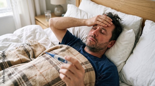 Sick man lying in bed holding thermometer and checking fever with thermometer temperature sickness headache recovery
