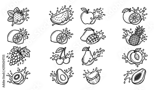 Foto Title:
Black and white variety of fresh fruit outline icons with juicy splash an