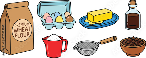 Foto Baking ingredients vector icon set featuring wheat flour eggs butter measuring cup sifter vanilla chocolate chips