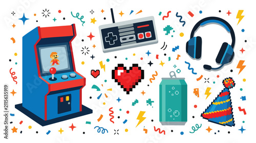 Retro gaming flat vector illustration set with arcade machine