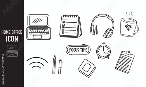 Minimal Home Office Icons Set – Remote Work and Workspace Outline Vector Collection