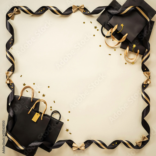 Decorative border made of black and gold ribbon with shopping bags and festive confetti for sales events transparent background