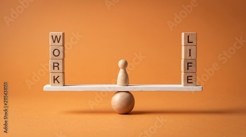 Wooden figure balancing between work and life block stacks on a seesaw, symbolizing work-life balance and harmony.