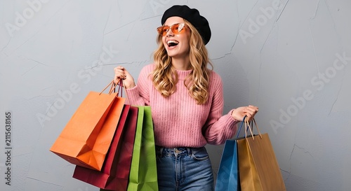 Stylish happy woman holding colorful shopping bags - Retail sale and seasonal discount campaign - Horizontal fashion banner
