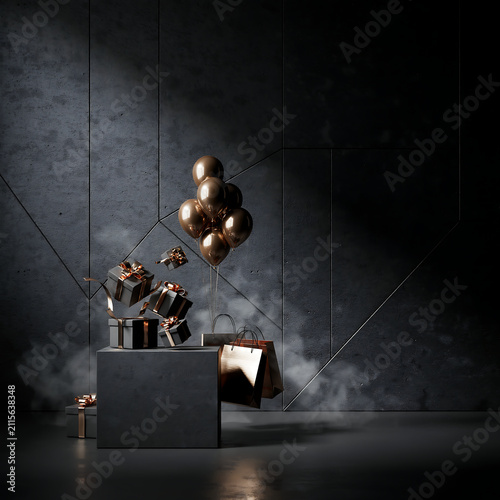 Luxury shopping sale concept with floating black gift boxes and metallic balloons transparent background
