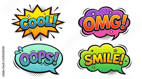 Comic speech bubbles with text. Colorful pop art stickers with cool, omg, oops, and smile.