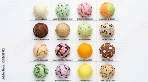 Assorted ice cream scoops on white background. Variety of colorful frozen dessert flavors.