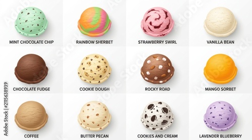 Set of various ice cream scoops. Collection of colorful frozen dessert flavors on white.