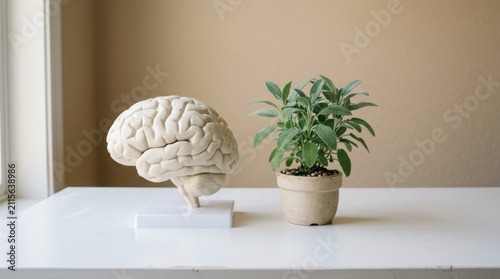 Human brain model and green plant. Mental health concept with nature and biology.