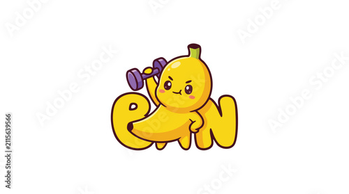 Cute Banana Mascot Character Lifting Weights Fitness Gym Logo Vector