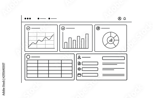 A hand drawn sketch of a website dashboard interface featuring various data visualization charts graphs tables and user profile navigation elements