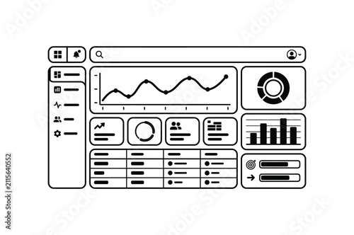 A black and white hand drawn sketch of a business dashboard interface showing various data charts graphs and analytical information panels