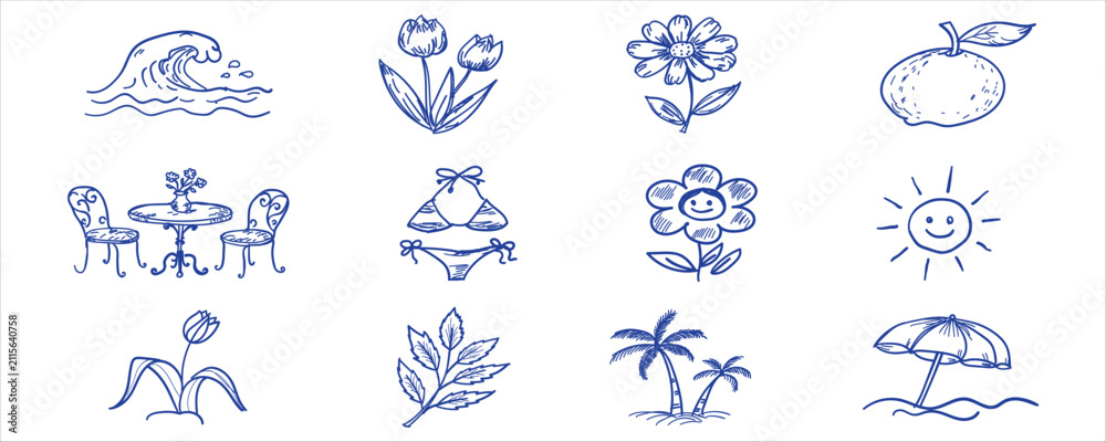 Fototapeta premium Summer vibe doodles featuring tropical palm trees beach umbrella sun bikini flowers and outdoor patio furniture set.