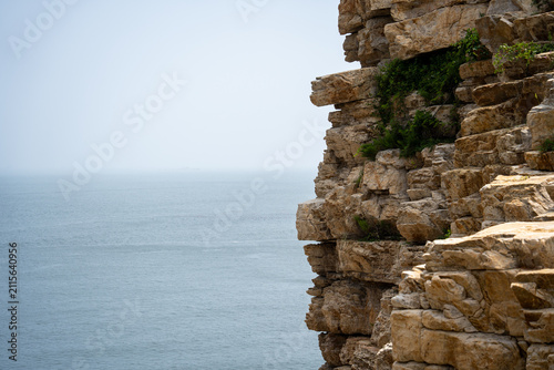 Cuadro en lienzo Rocky coastal cliff with green vegetation and calm sea