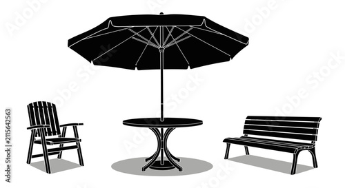 Black patio furniture set with umbrella chair table with outdoor furniture consisting table silhouette terrace garden bench icon