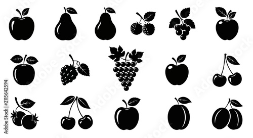 Fotografie Collection of black fruit icons on white background with grapes cherries arrange