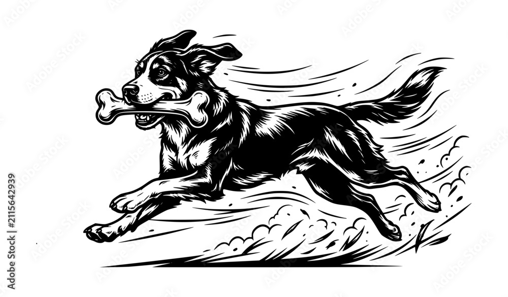 Obraz premium Black and White Dog Running with Bone Monochrome Vector Illustration Dynamic Canine Design