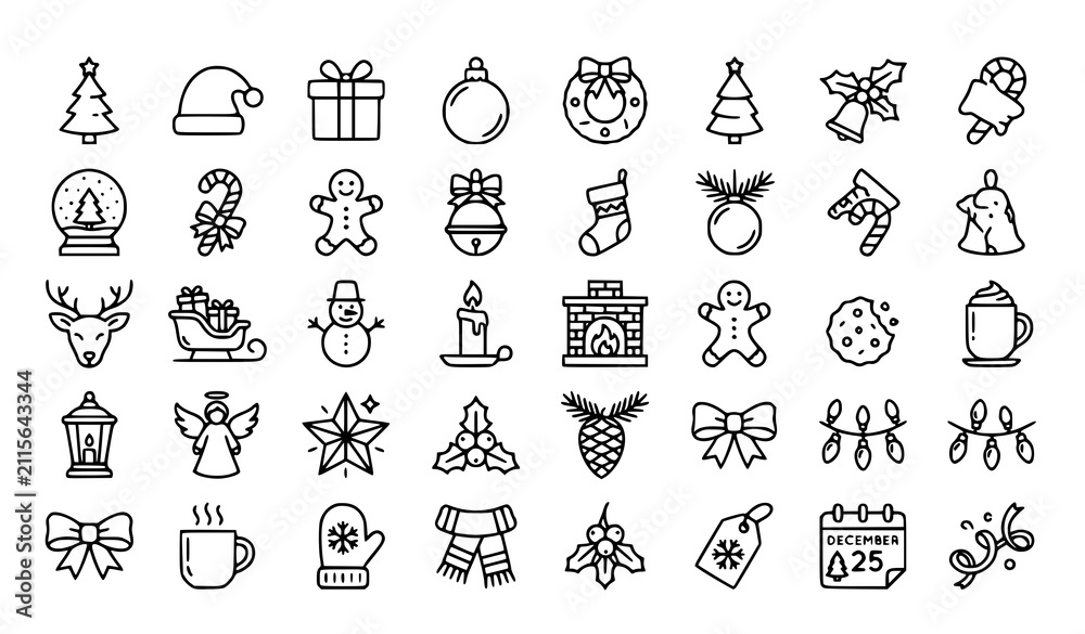 Fototapeta premium Christmas Celebration Line Icon Collection with Tree Santa Gift Wreath and Winter Holiday Vector Symbols