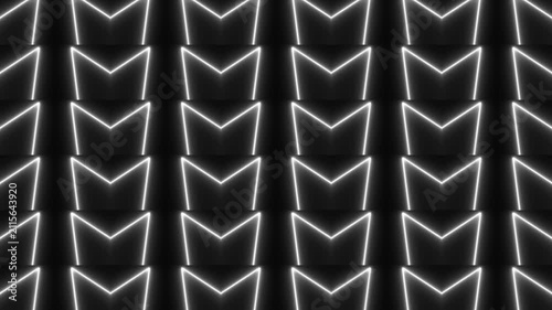 White Glowing Neon Vertical Triangle Chevron Grid Seamless VJ Motion Graphic Loop Background for Club Stage Backdrops.