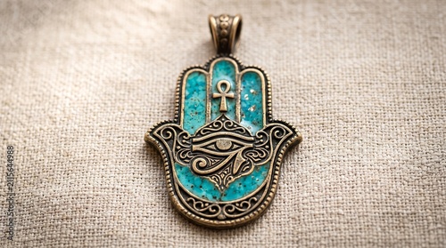 Vintage bronze Hamsa hand pendant inlaid with turquoise, featuring the Eye of Horus and an Ankh symbol, on a neutral fabric surface.