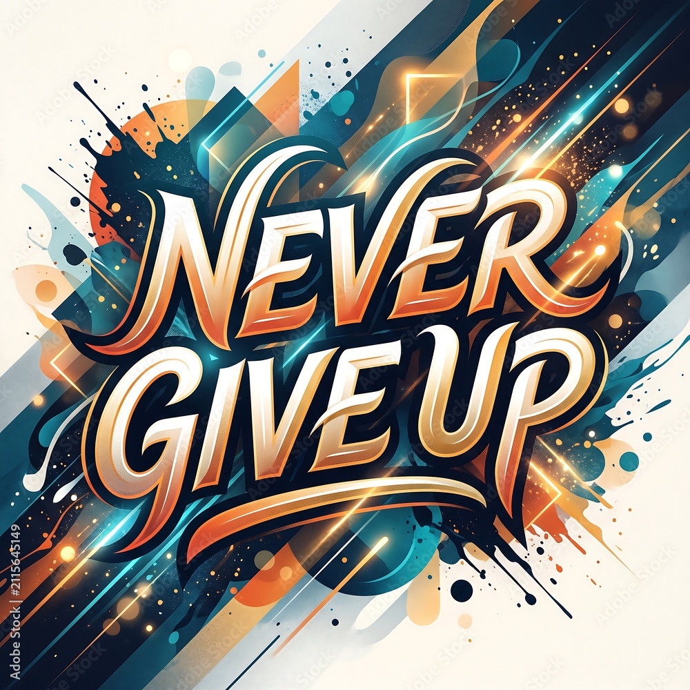 Fototapeta premium Vibrant motivational typography artwork with never give up message, dynamic brush strokes, and colorful splatter effects