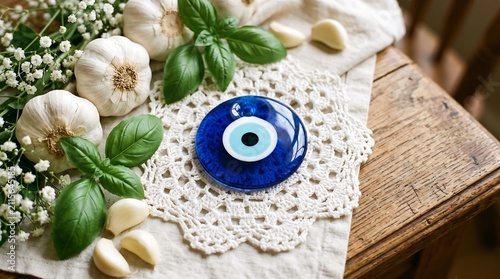 Blue evil eye glass amulet placed on crocheted lace surrounded by garlic bulbs, basil leaves, and white flowers on a wooden table.