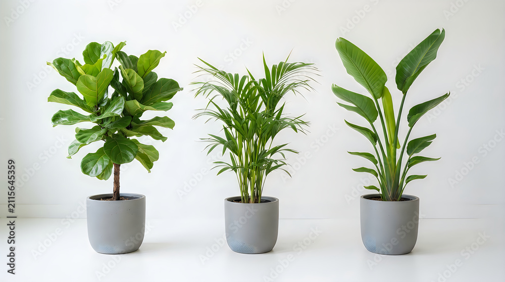 Fototapeta premium Three green potted plants in gray ceramic pots